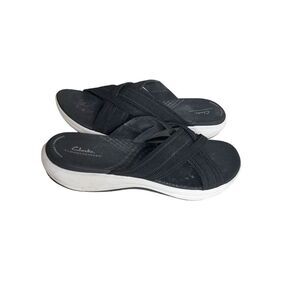 CLARKS Sandals Mira Isle Slide Black White Cloudsteppers Textile Upper Size 10